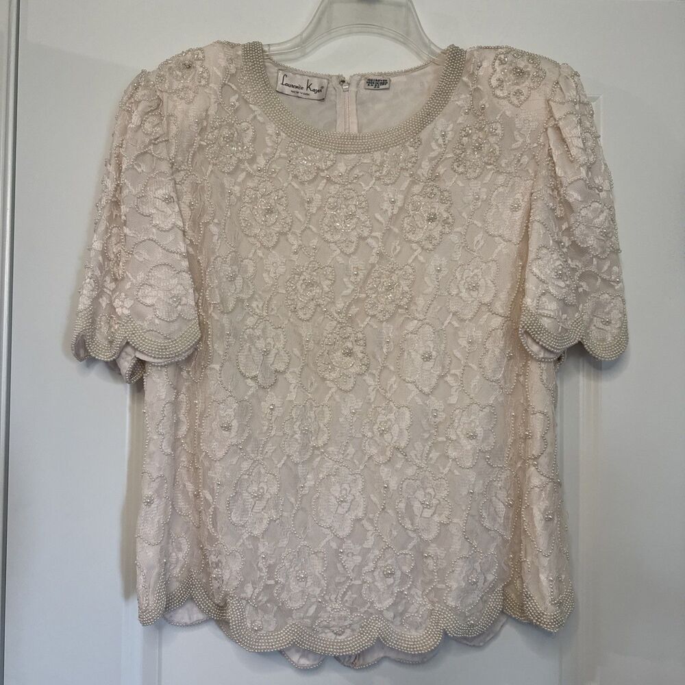 VTG Laurence Kazar White Ivory Beaded Blouse Bridal Shoulder Pads 2XL